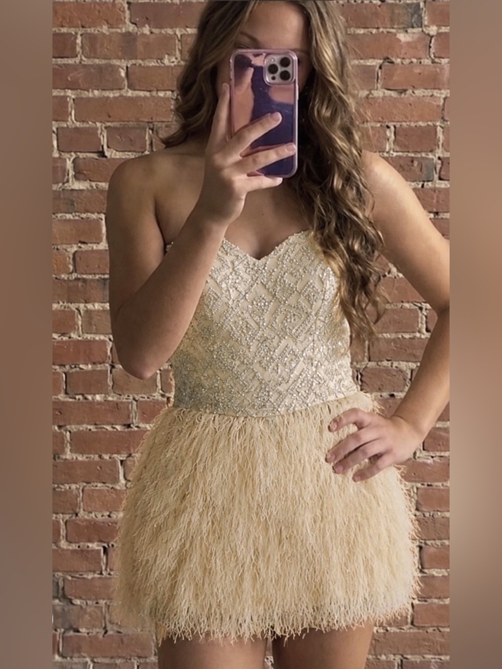 Source Unknown Blush Sequin Embellished Strapless Feather Mini Dress - Picture 2 of 16